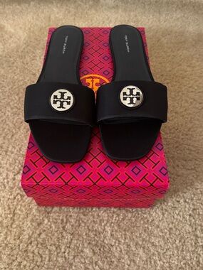 Tory Burch Black Logo Medallion Slide Mules